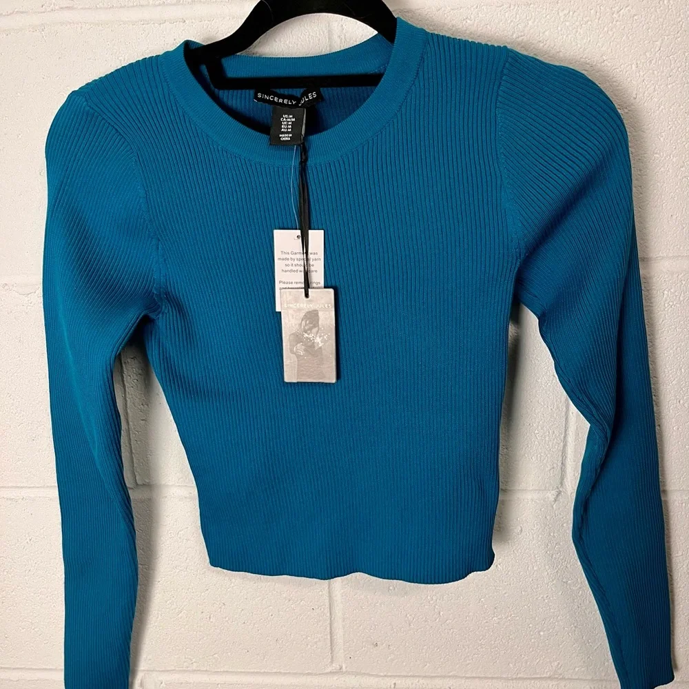 NEW Sincerely Jules Teal Ribbed Long Sleeve Top M - Picture 3 of 5